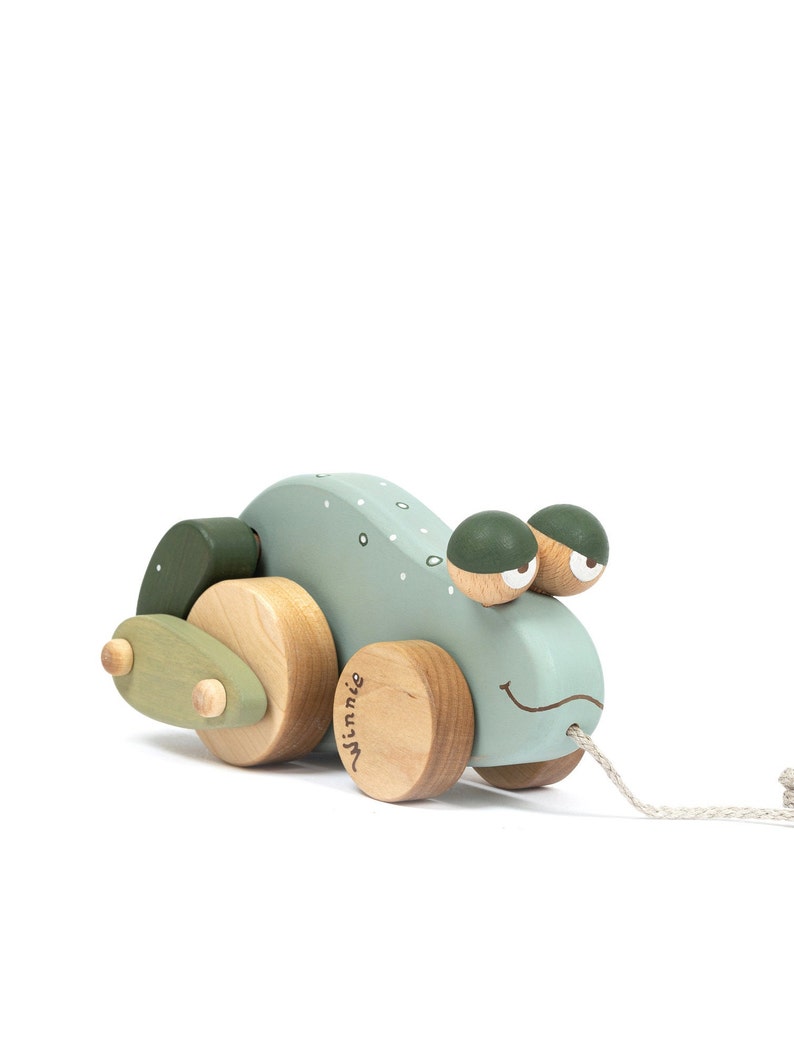 Eco-friendly Wooden Pull Toy Frog, Handmade & Hand Painted for Play and Discovery image 2