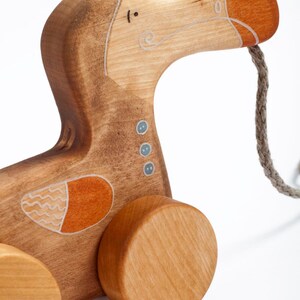 Pu&ograve; includere: Un giocattolo di legno a forma di dodo da tirare, con dettagli dipinti di arancione e marrone. Il giocattolo ha tre ruote e una corda attaccata alla testa.