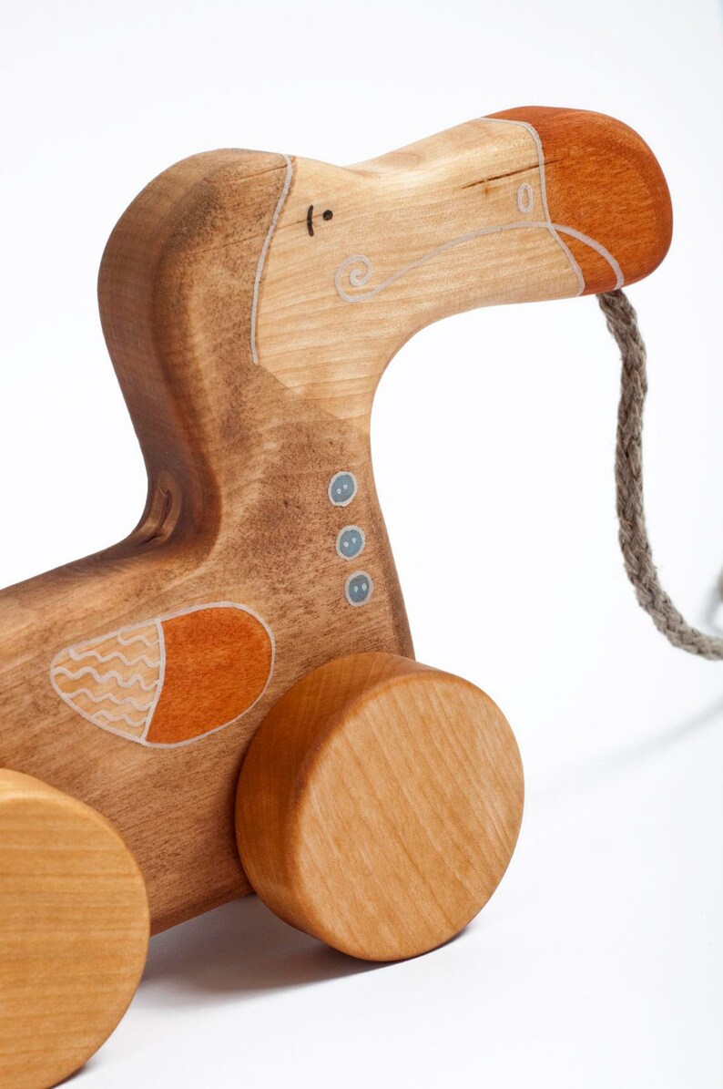 Pu&ograve; includere: Un giocattolo di legno a forma di dodo da tirare, con dettagli dipinti di arancione e marrone. Il giocattolo ha tre ruote e una corda attaccata alla testa.