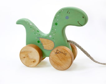 Wooden Dinosaur Toy, Personalized Dinosaur Gift for 2 Year Old, Pull Toys for Toddlers