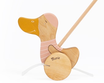 Duck Push Toy for Girls, Wooden Push Toy, Pink Wooden Toys, Wooden Kids Toy, Personalized Gift For Toddler, Wood Duck Toy,