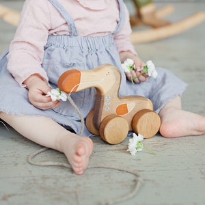 Pu&ograve; includere: Un bambino gioca con un giocattolo di legno a traino a forma di dodo. Il giocattolo ha dettagli dipinti di marrone, arancione e bianco. Il bambino tiene dei fiori bianchi in mano.
