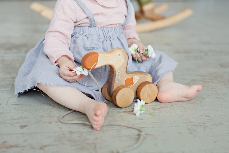 Pu&ograve; includere: Un bambino gioca con un giocattolo di legno a traino a forma di dodo. Il giocattolo ha dettagli dipinti di marrone, arancione e bianco. Il bambino tiene dei fiori bianchi in mano.