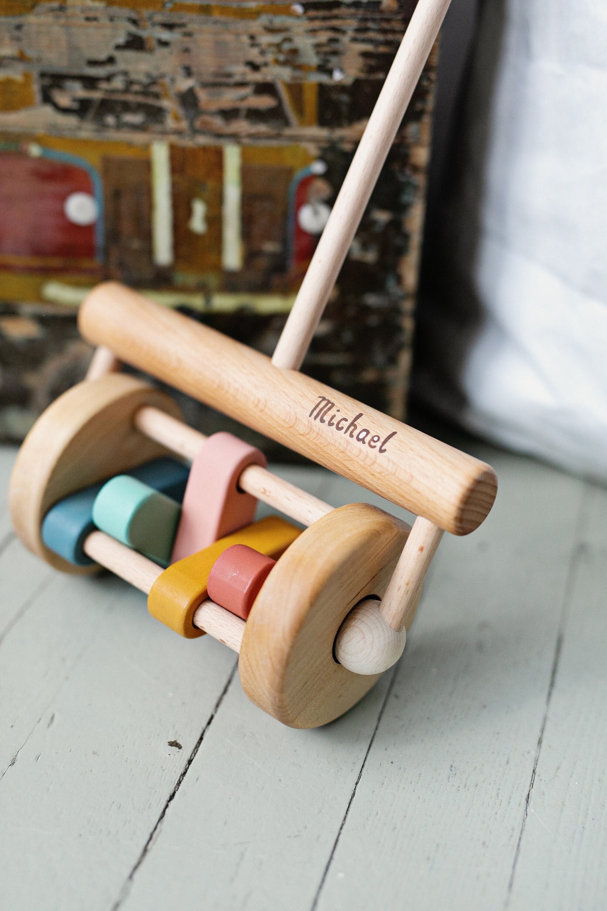 Wooden lawn best sale mower push toy