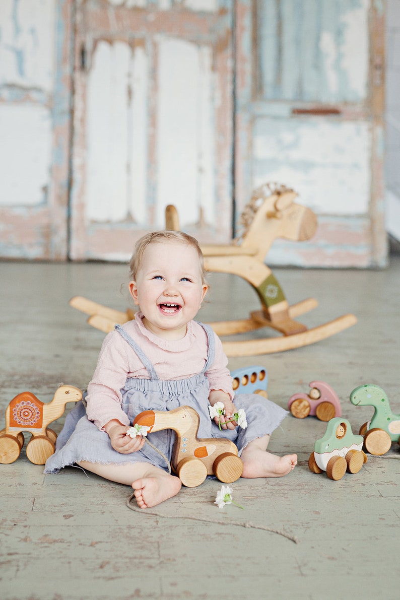Pu&ograve; includere: Una bambina sorridente gioca con macchinine e animali di legno. I giocattoli sono dipinti in colori pastello e hanno facce di animali. La bambina indossa una maglietta rosa e una salopette blu.