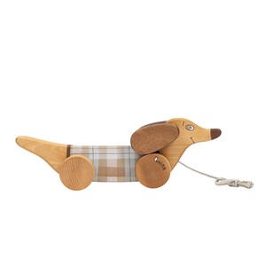 Puede incluir: Un juguete de madera en forma de dachshund con orejas marrones y un cuerpo de tela a cuadros. El juguete tiene ruedas y una cuerda para tirar. El juguete est&aacute; etiquetado como "Quinn".
