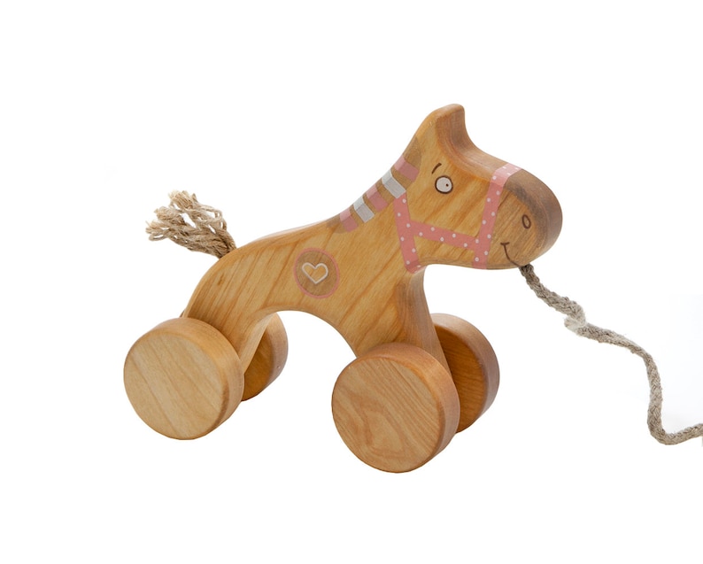 Blue Horse Pull Toy, Wooden Pull Toys for Toddlers Girls & Boys Pink