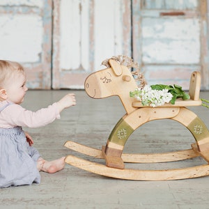 Personalized Wooden Rocking Horse, Organic Kids Toy, Wooden Toy For Toddler, Wood Ride On Toy image 4