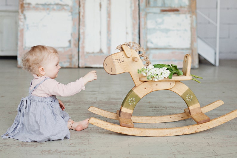 Personalized Wooden Rocking Horse, Organic Kids Toy, Wooden Toy For Toddler, Wood Ride On Toy image 4