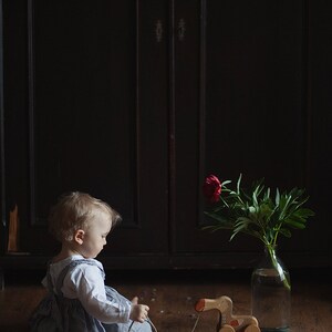 Pu&ograve; includere: Una bambina in un vestito grigio gioca con un animale di legno su un pavimento di legno. Il giocattolo &egrave; un animale marrone e bianco con un collo lungo e un becco rosso. La bambina sta tirando il giocattolo con una corda.