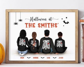 Halloween family print, portrait poster, halloween sign, personalised, personalized, custom family, spooky sign, skeleton print,
