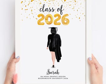 Graduation print, graduation gift, class of 2024, congratulations graduate, female graduate, cap and gown, university gift, uni leavers gift