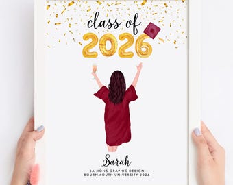 Graduation print, graduation gift, class of 2024, congratulations graduate, female graduate, cap and gown, university gift, uni leavers gift