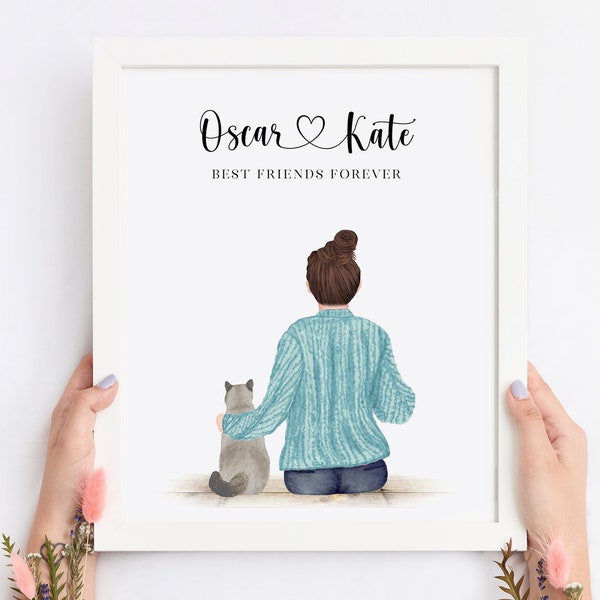 cat lover gift, girl and cat print, girls best friend, cat owner gift, personalized cat print, i love my cat, girl with cat, cat and girl