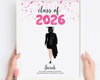 Graduation print, graduation gift, class of 2024, congratulations graduate, female graduate, cap and gown, university gift, uni leavers gift