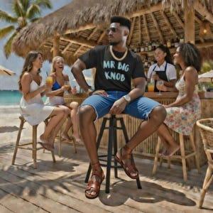 Puede incluir: Una camiseta negra con el texto "MR BIG KNOB" en letras blancas. La persona lleva pantalones cortos vaqueros azules, sandalias marrones y una cadena dorada. La escena está ambientada en un bar de playa con gente sentada en taburetes.