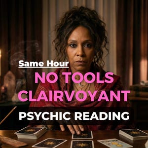 May include: A woman with dark hair and a serious expression sits at a table with tarot cards. The image includes text: "Same Hour, NO TOOLS, CLAIRVOYANT, PSYCHIC READING". Candles and a lamp are visible in the background, creating a mystical atmosphere.