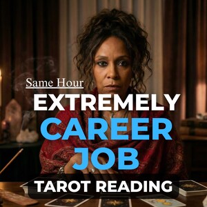 May include: An image featuring a woman with dark hair and a red shawl, seated at a table with tarot cards. Text overlay reads "Same Hour EXTREMELY CAREER JOB TAROT READING". Lit candles and a lamp provide soft lighting, creating a mystical atmosphere.
