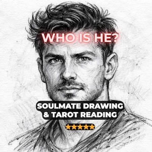 Peut inclure: Un portrait au crayon d'un homme avec le texte "WHO IS HE?" dans une lueur rouge au-dessus de sa tête. En dessous, le texte "SOULMATE DRAWING & TAROT READING" avec une note de cinq étoiles.