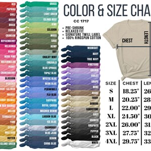 May include: Color and size chart for t-shirts, featuring a variety of colors like red, blue, and green. The chart includes measurements for chest and length in inches, and size options from S to 4XL.