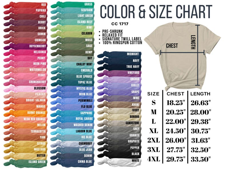 May include: Color and size chart for t-shirts, featuring a variety of colors like red, blue, and green. The chart includes measurements for chest and length in inches, and size options from S to 4XL.