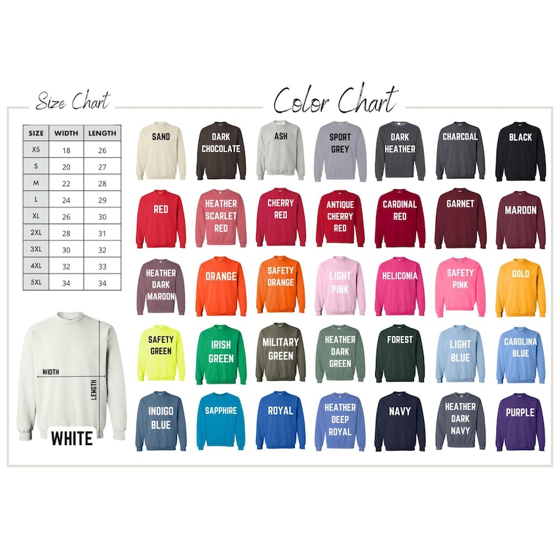 May include: A size and colour chart for sweatshirts. The size chart shows measurements in inches for sizes XS to 5XL. The colour chart displays various sweatshirt colours, including Sand, Red, and Navy. A white sweatshirt is shown with width and length measurements.