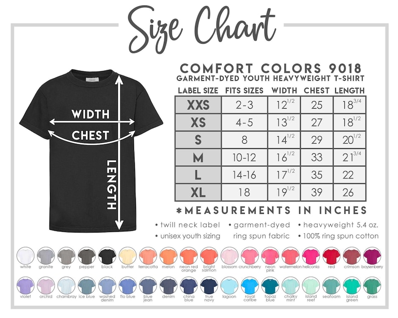 May include: A black t-shirt with a size chart, including measurements in inches for youth sizes. The chart details width, chest, and length for sizes XXS to XL. The shirt is garment-dyed and made of ring-spun cotton.