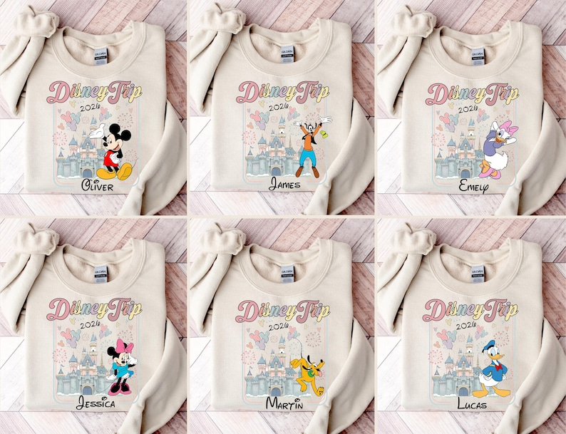 May include: Cream-coloured sweatshirts with Disney character graphics. Each sweatshirt features a different character, the text "Disney Trip 2020", and a name. Characters include Mickey Mouse, Goofy, Daisy Duck, Minnie Mouse, Pluto, and Donald Duck.