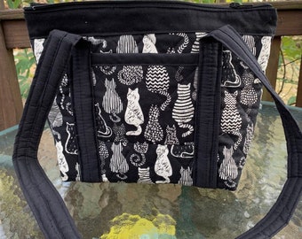 Cats Black and  White Handmade Machine Quilted Purse