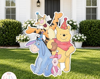 Pooh and Friends Birthday Yard Sign, Classic Storybook Character Party Cutout, Outdoor Lawn Decoration, First Birthday Party Prop