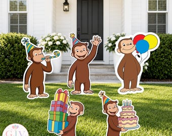 May include: Five brown monkey cutouts featuring Curious George in various birthday poses. One blows a party horn, one waves, one holds red, blue, and yellow balloons, one carries a stack of four colorful gift boxes, and one holds a tiered cake.