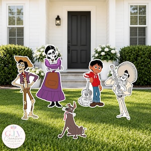 May include: A set of five colorful yard signs featuring cartoon characters including a skeleton in a hat, a skeleton woman in a purple dress, a boy in a red hoodie holding a guitar, a skeleton man in a sombrero playing a guitar, and a brown dog.