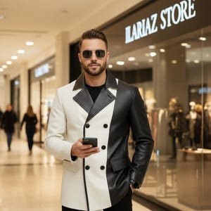 Leather Blazer 3/4 Double Black White Breasted Leather Overcoat Two-Tone Casual Party Jacket