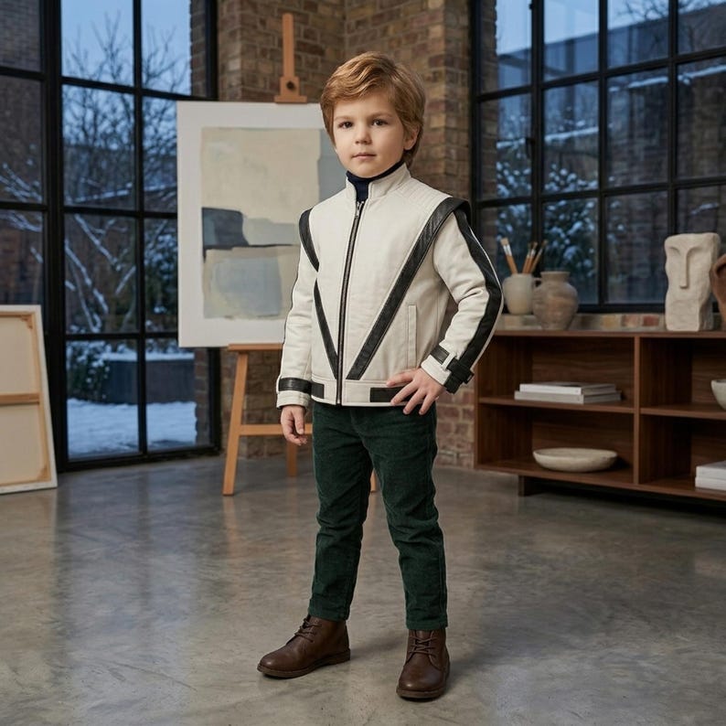 May include: A cream-coloured jacket with black trim and a front zip fastening, worn over a dark turtleneck, paired with dark green trousers and brown leather boots. The jacket features structured shoulders and black piping details along the front.