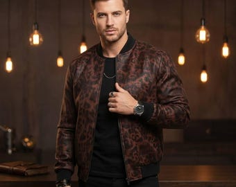 Men Leopard Texture Bomber Jacket  Leather Zip-Up Motorcycle Jacket Two-Tone Slim Fit Coat