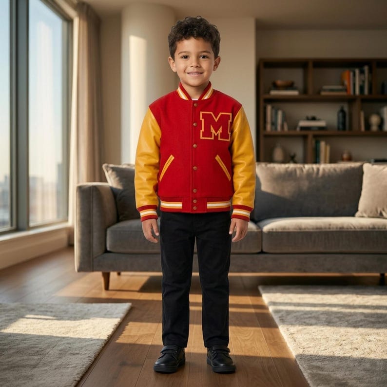May include: A varsity jacket featuring a red wool-blend body with yellow leather sleeves, a yellow letter M patch on the chest, a snap-button front closure, and striped ribbed trim at the collar, cuffs, and hem, paired with black trousers and shoes.