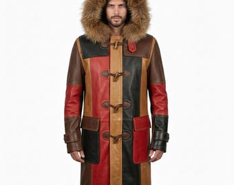 Leather Patchwork Coat Multicolor Long Duffle Coat Fur Hooded Winter Men Fashion Outfits