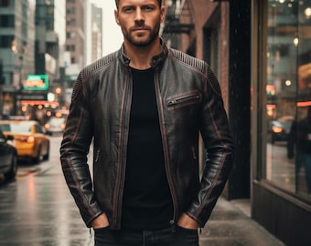 Men's Genuine Leather Motorcycle Jacket Slim Fit Distressed Biker Vintage Coat Quilted Jacket
