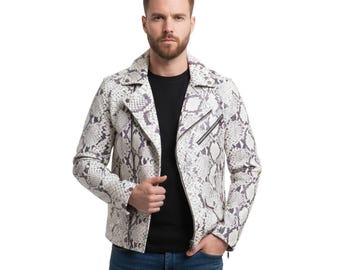 Jaqueta masculina com estampa de cobra, estilo streetwear, em couro, estilo motociclista.