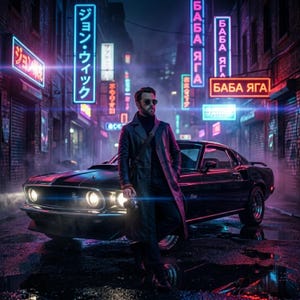 Op de afbeelding: Een persoon in een lange donkere jas en zonnebril staat voor een zwarte vintage sportwagen op een natte stadsstraat in de nacht. De achtergrond toont oplichtende neonreclames met Japanse en Cyrillische tekst, wat een levendige sfeer cre&euml;ert.