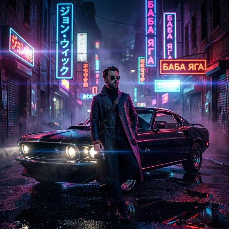 Op de afbeelding: Een persoon in een lange donkere jas en zonnebril staat voor een zwarte vintage sportwagen op een natte stadsstraat in de nacht. De achtergrond toont oplichtende neonreclames met Japanse en Cyrillische tekst, wat een levendige sfeer cre&euml;ert.