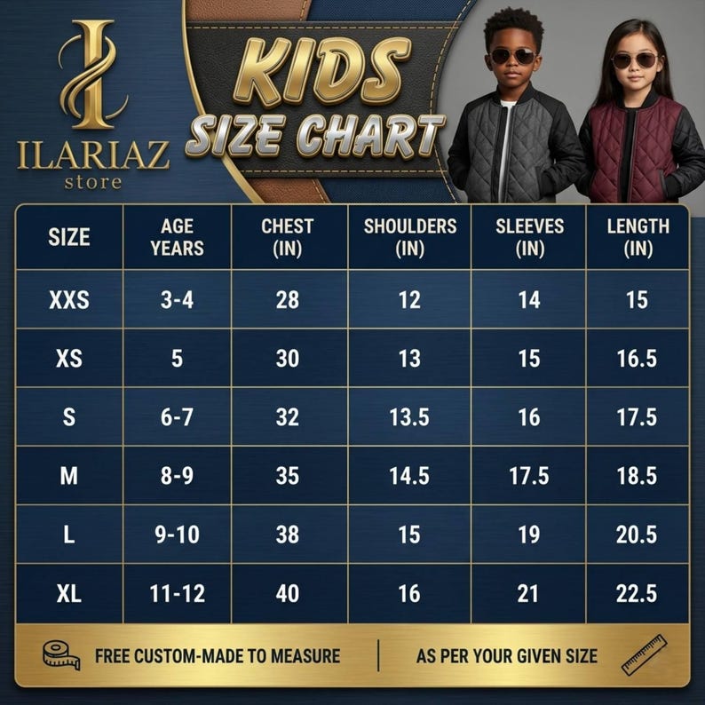 May include: A kids size chart from ILARIAZ store featuring a dark blue grid table with columns for size, age in years, and measurements in inches for chest, shoulders, sleeves, and length. The chart includes sizes XXS to XL with specific values.