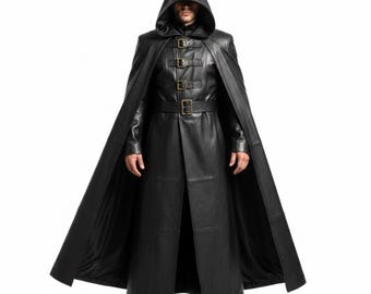Gothic Duster Coat Black Tail Cloak Hooded Leather Medieval Style Coat Steampunk Overcoat