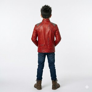 May include: A red leather jacket featuring grey shoulder panels, multiple silver-toned zippered pockets, and a stand-up collar, paired with dark blue denim jeans and brown leather boots, viewed from the back against a plain white background.
