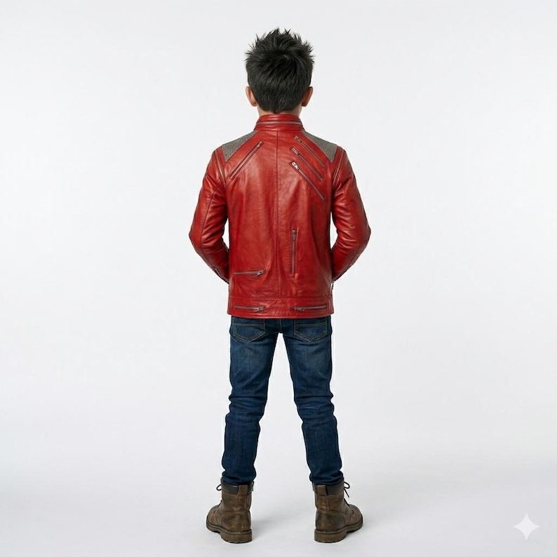 May include: A red leather jacket featuring grey shoulder panels, multiple silver-toned zippered pockets, and a stand-up collar, paired with dark blue denim jeans and brown leather boots, viewed from the back against a plain white background.