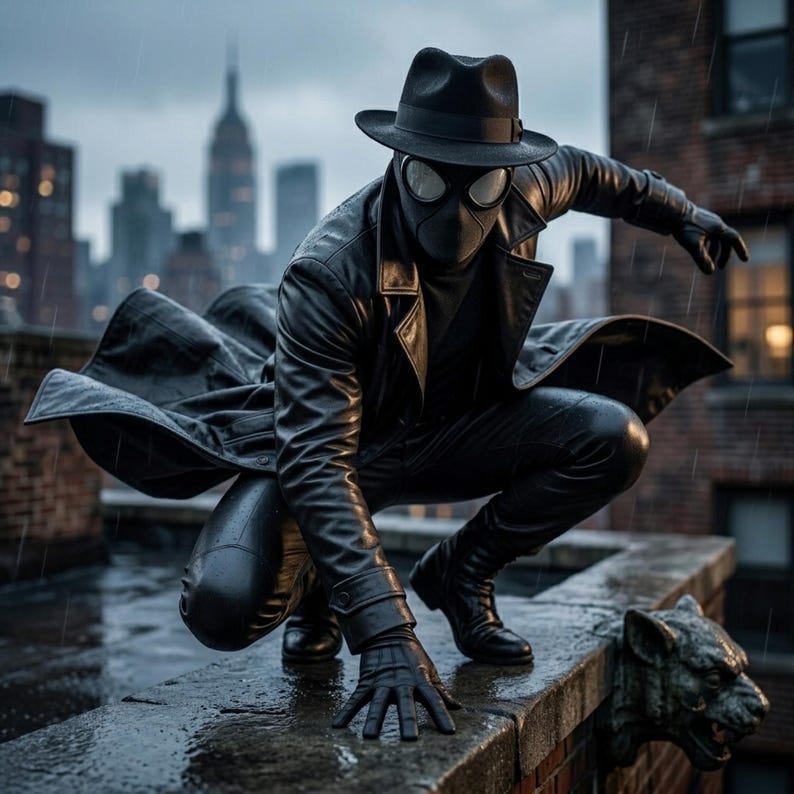 Op de afbeelding: Een figuur in een zwarte leren trenchcoat, bijpassende broek en een fedora-hoed, met een volledig gezichtsmasker met witte ronde lenzen. De outfit bevat handschoenen en laarzen, waarbij de panden van de jas wapperen terwijl de figuur hurkt.