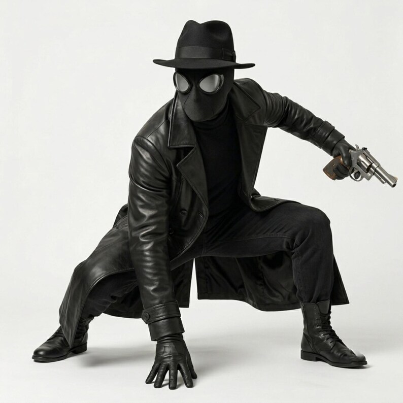 Op de afbeelding: Een zwart kostuum bestaande uit een lange leren trenchcoat, een coltrui, een broek en laarzen. De outfit bevat een zwarte fedora-hoed, een volledig gezichtsmasker met grote ronde zilverkleurige brillenglazen, handschoenen en een revolver.