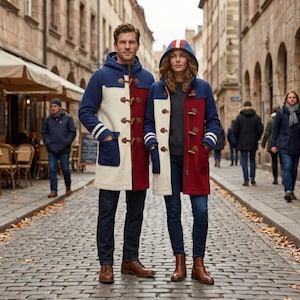 Könnte beinhalten: Zwei Dufflecoats mit Kapuze im Color-Block-Design in Marineblau, Creme und Rot. Jeder Mantel verfügt über Knebelverschlüsse aus Holz, große aufgesetzte Taschen und Ärmelbündchen mit weißen Streifen, getragen über dunklen Jeans und braunen Stiefeln.
