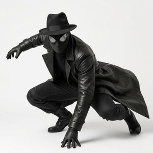Op de afbeelding: Een figuur in een zwarte leren trenchcoat, bijpassende broek en een fedora hoed. De outfit bevat een zwart masker met grote, reflecterende witte ooglenzen, zwarte leren handschoenen en zwarte veterschoenen, afgebeeld in een gehurkte, dynamische houding.