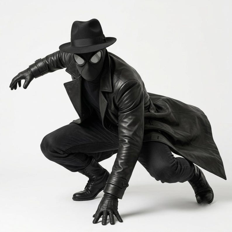 Op de afbeelding: Een figuur in een zwarte leren trenchcoat, bijpassende broek en een fedora hoed. De outfit bevat een zwart masker met grote, reflecterende witte ooglenzen, zwarte leren handschoenen en zwarte veterschoenen, afgebeeld in een gehurkte, dynamische houding.